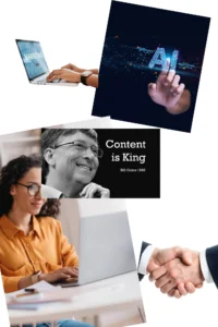freelance digital marketer in malappuram Digital marketing and AI concept collage showing a person typing on a marketing laptop, artificial intelligence symbol, Bill Gates’ ‘Content is King’ quote, a professional woman working on a computer, and a handshake representing business partnership.