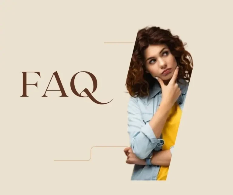 freelance digital marketer in malappuram FAQ section banner featuring a woman thinking beside the text ‘FAQ’ on a beige background – Frequently Asked Questions design concept.”